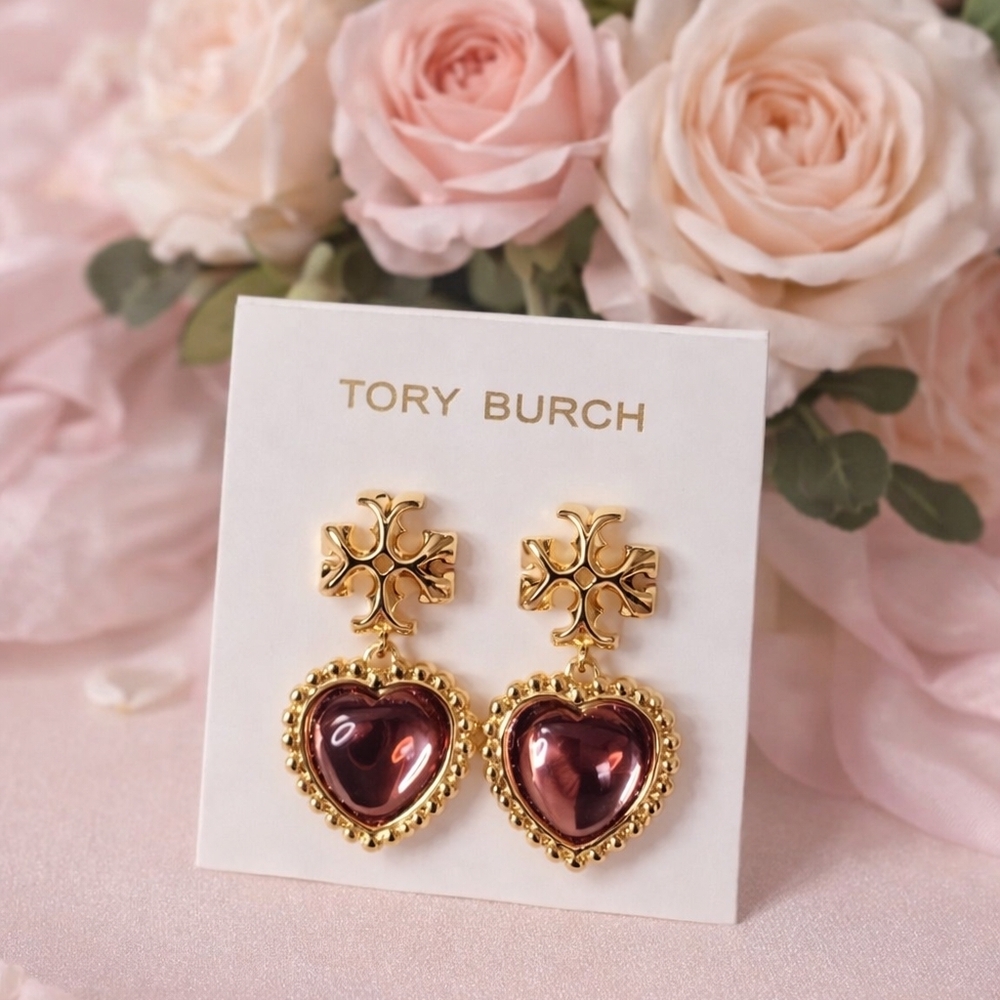 Tory Burch Gold Logo Heart Drop Earrings Pink Heart